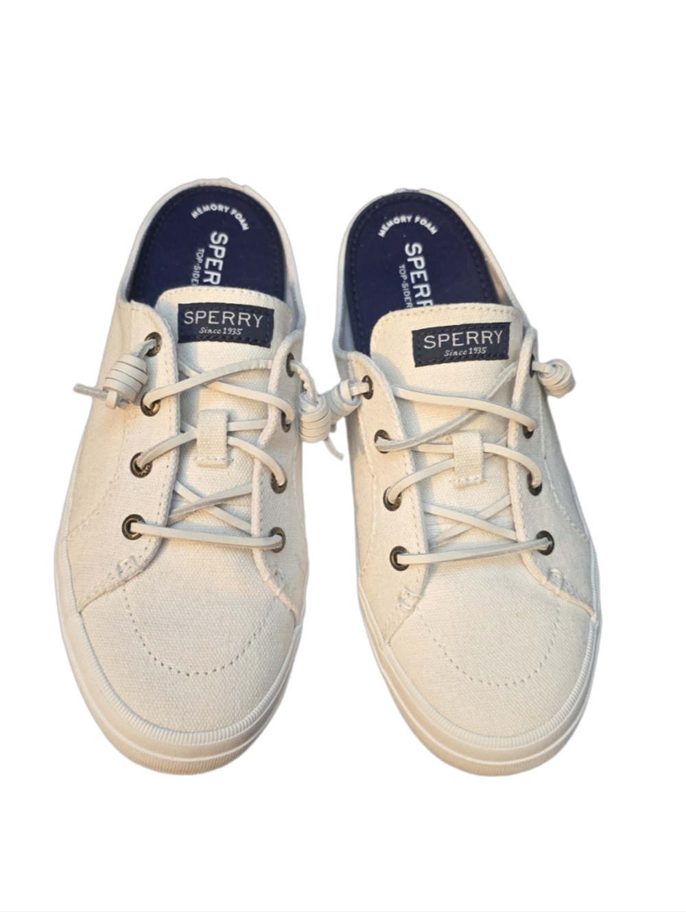 Sperry Woman's Cream Canvas Boat Shoes with Navy Liner Sz 8